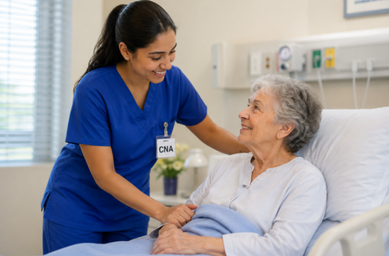 CNA assisting elderly patients with compassionate bedside care.