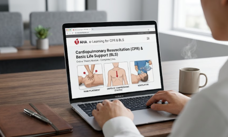 A student studying a CPR course online.