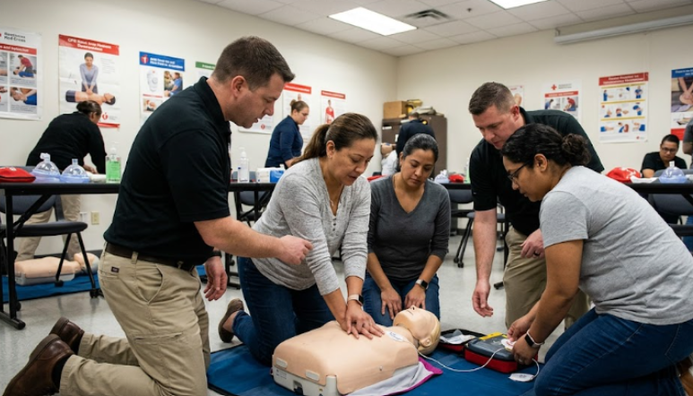 Students practicing CPR on a training mannequin.