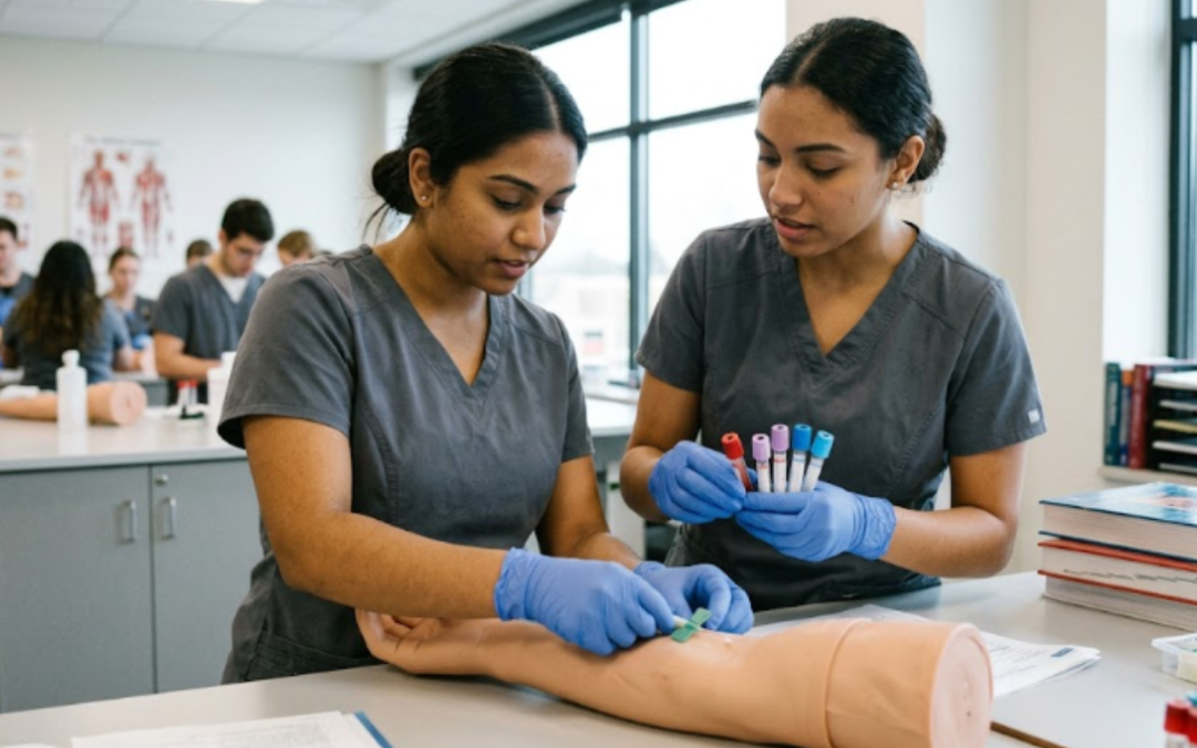 Phlebotomy students practicing phlebotomy on a training arm