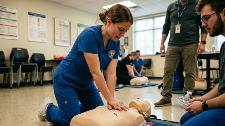 A student practicing CPR on a training mannequin