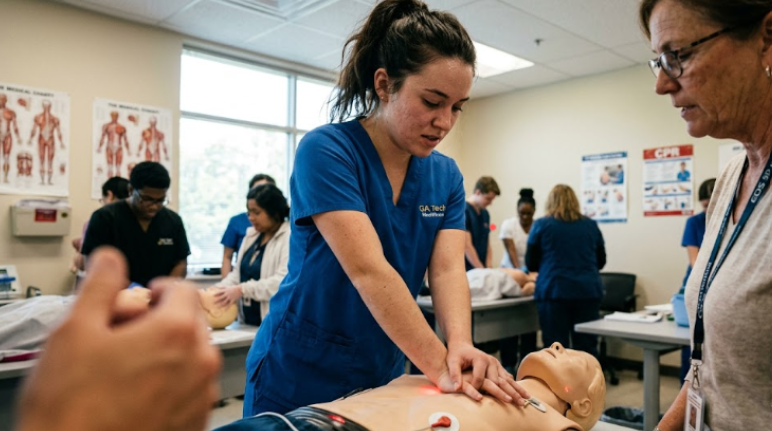 Instructor watching students practice chest compressions