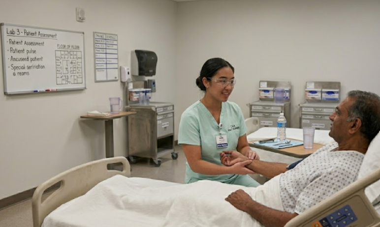 CNA checking a patient’s pulse in the Georgia training lab