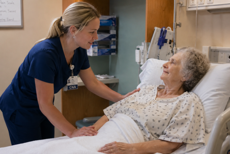 Compassionate CNA assisting elderly patient in hospital