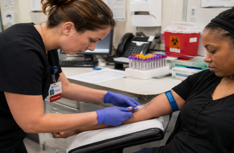 Phlebotomist drawing blood from patient in clinic