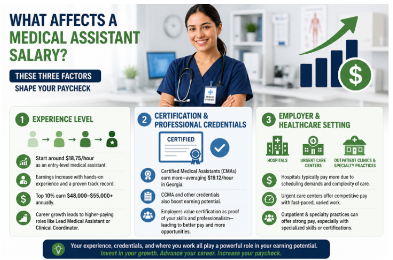 Certified medical assistant reviewing patient charts in a Georgia clinic, illustrating career growth.