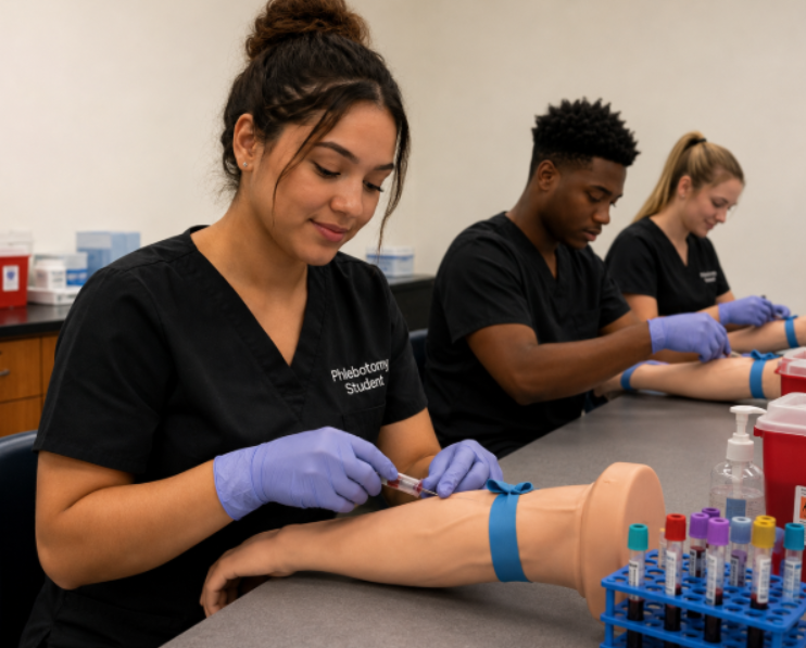 Students practicing venipuncture in Phlebotomy Classes in GA