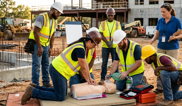 Construction crew practicing team-based CPR training.