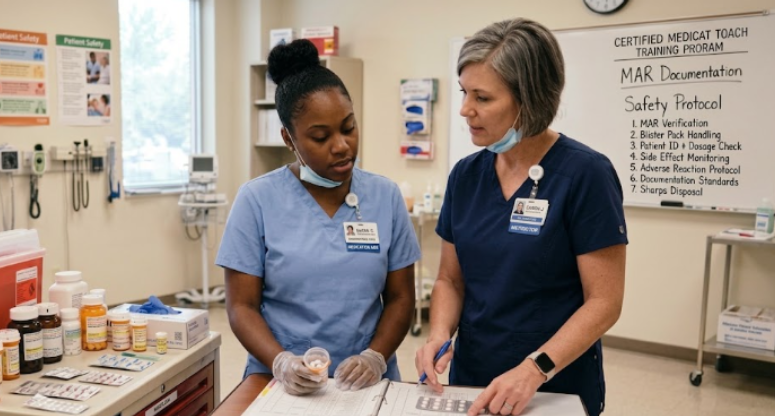 Certified medication aide training instructor guiding student medication documentation safely.